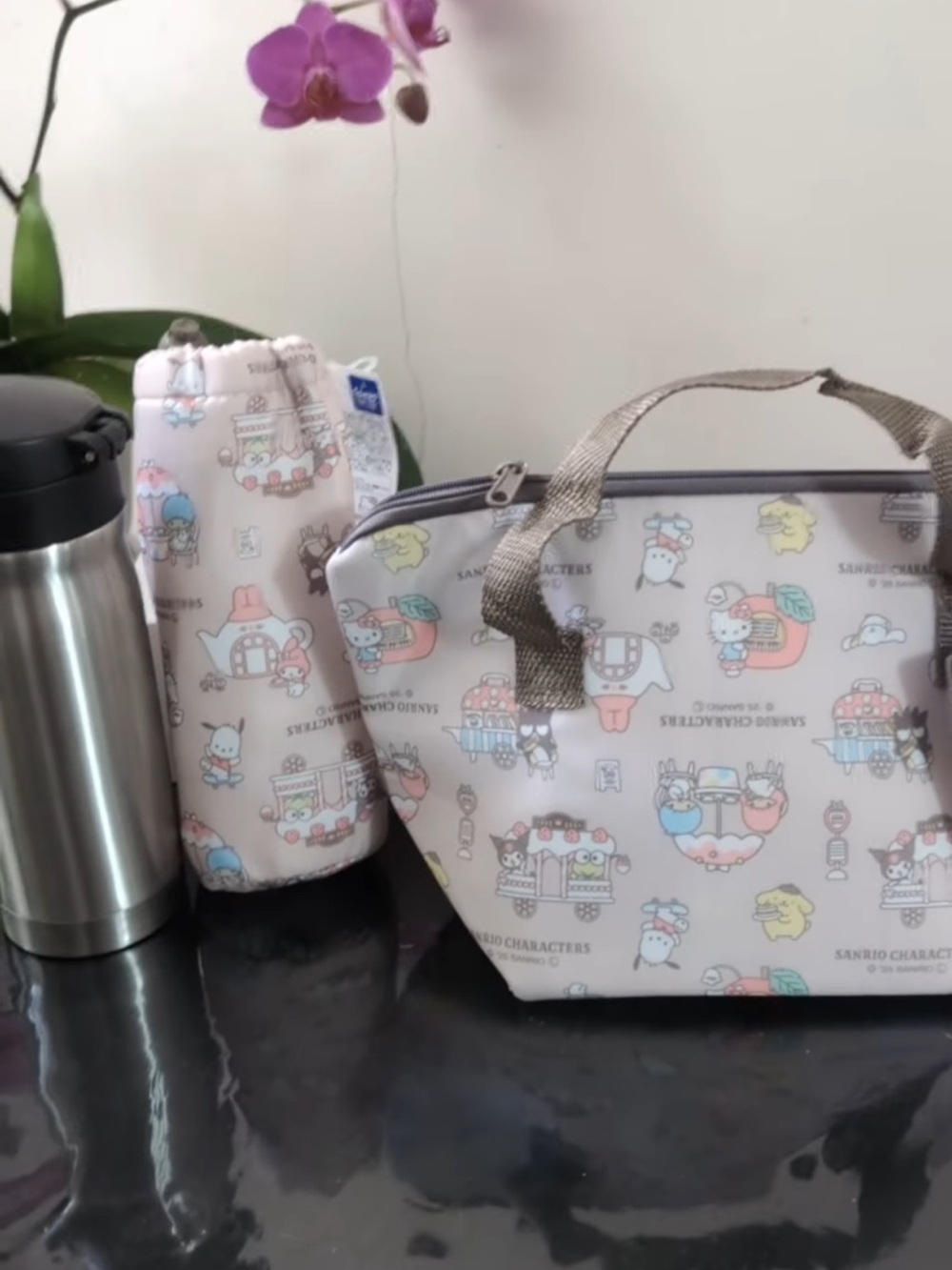 Sanrio Light Pink Character Lunch Tote and Bottle Sleeve Set